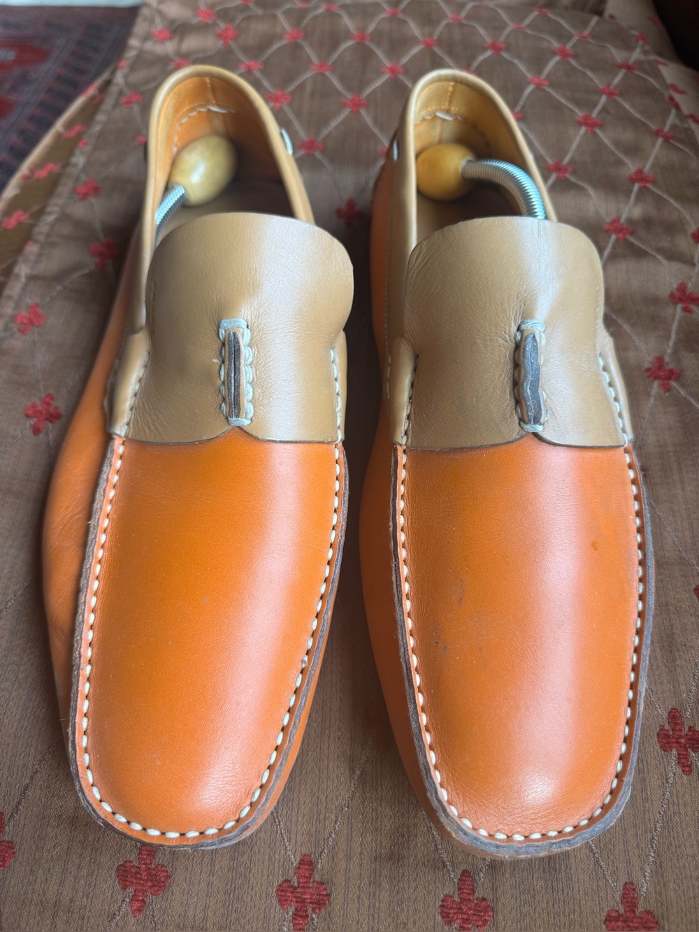 Men's Two-Tone Tan &  Prada Orange Leather Slip-On Loafers